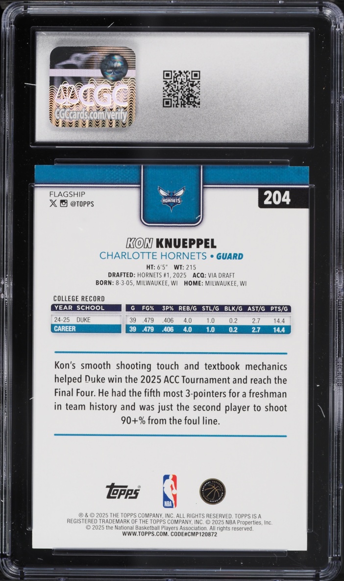 2025 Topps Basketball Kon Knueppel ROOKIE #204 CGC 10 GEM MINT