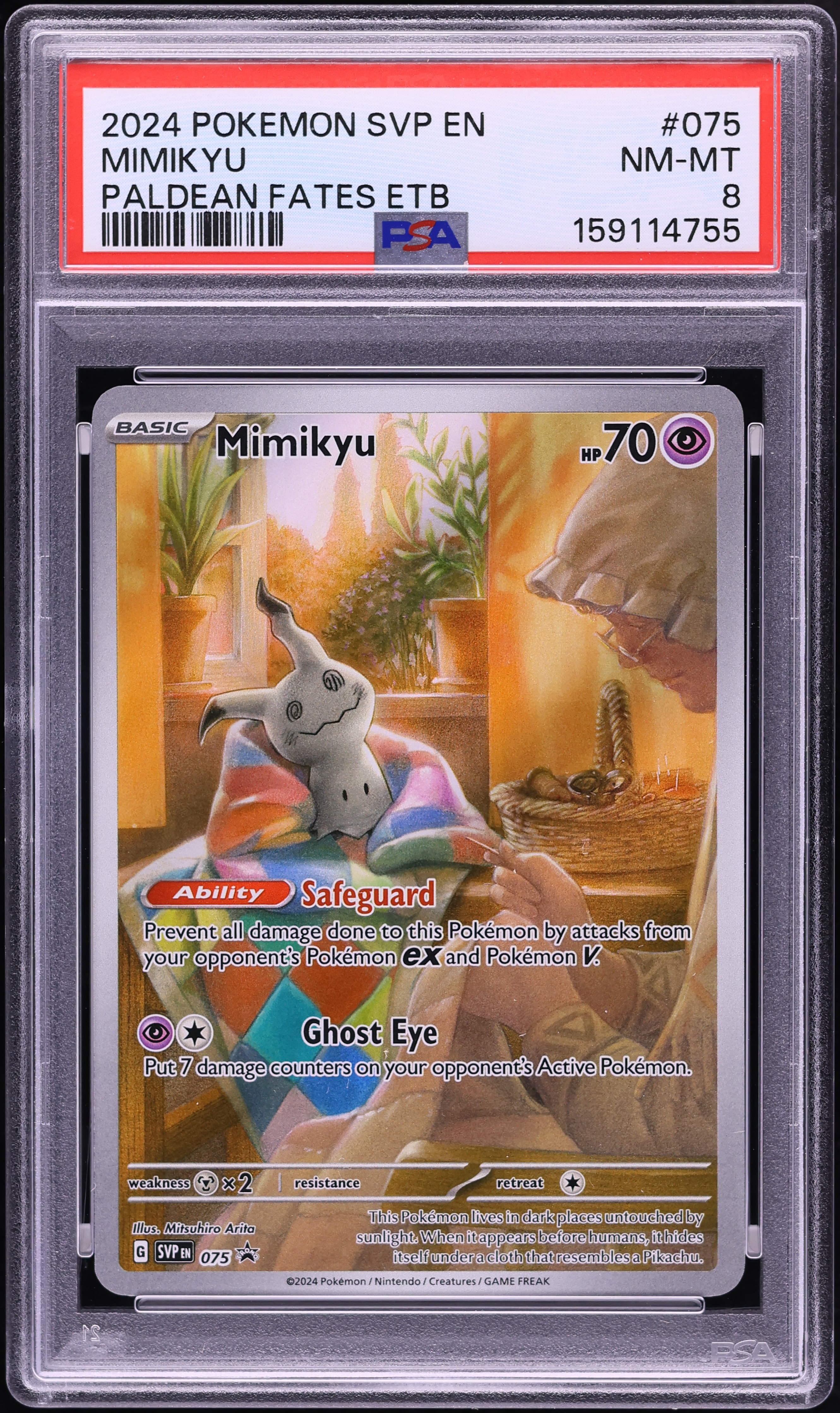2024 Pokemon Scarlet & Violet Promo Paldean Fates ETB Full Art Mimikyu #75 PSA 8 NM-MT