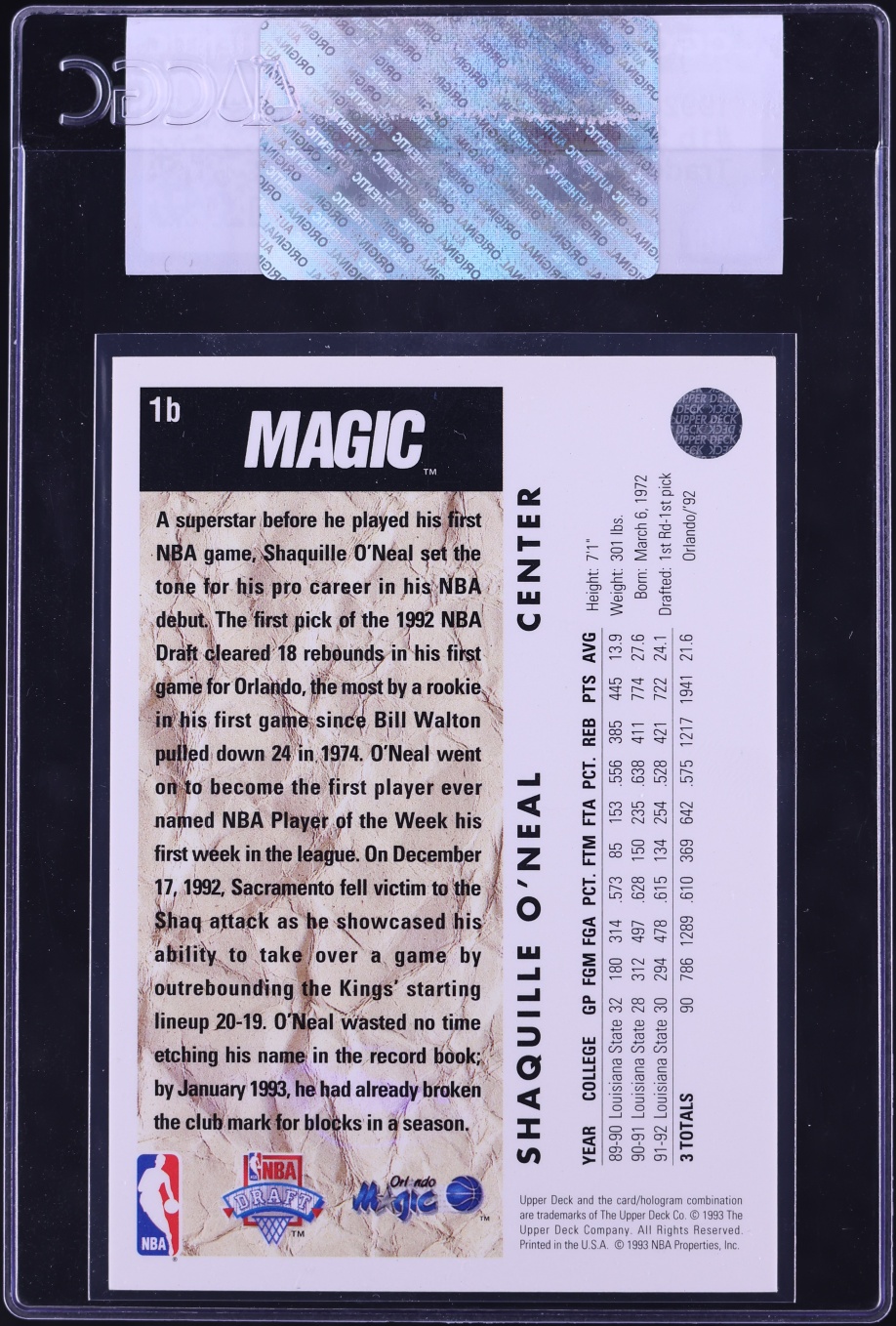 1992 Upper Deck Trade Card Shaquille O'Neal ROOKIE #1b CGC AUTH
