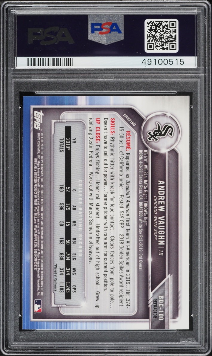 2019 Bowman Chrome Refractor Andrew Vaughn PROSPECT #BDC-100 PSA 10 GEM MINT