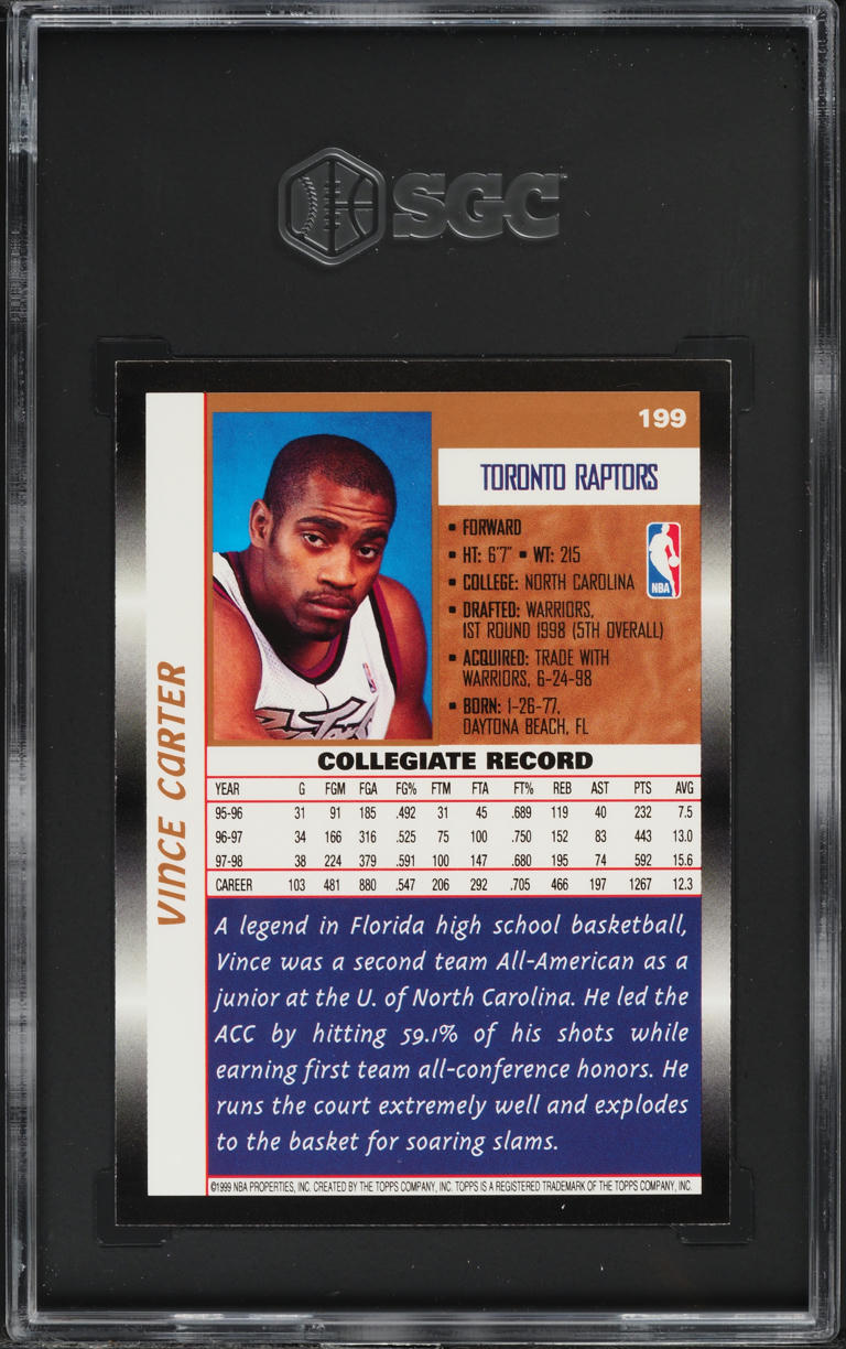 1998 Topps Basketball Vince Carter ROOKIE #199 SGC 8 NM-MT