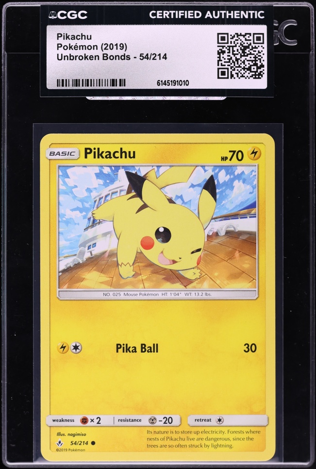 2019 Pokemon Sun & Moon Unbroken Bonds Pikachu #54 CGC AUTH