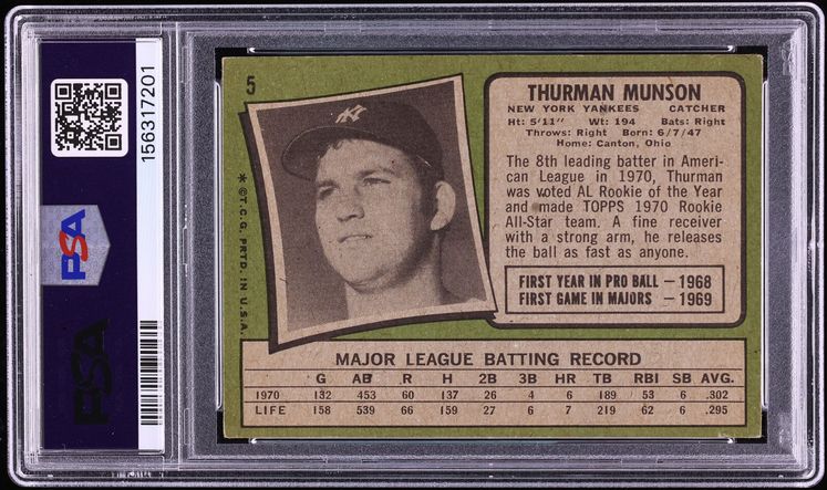 1971 Topps Thurman Munson ROOKIE #5 PSA 3 VG