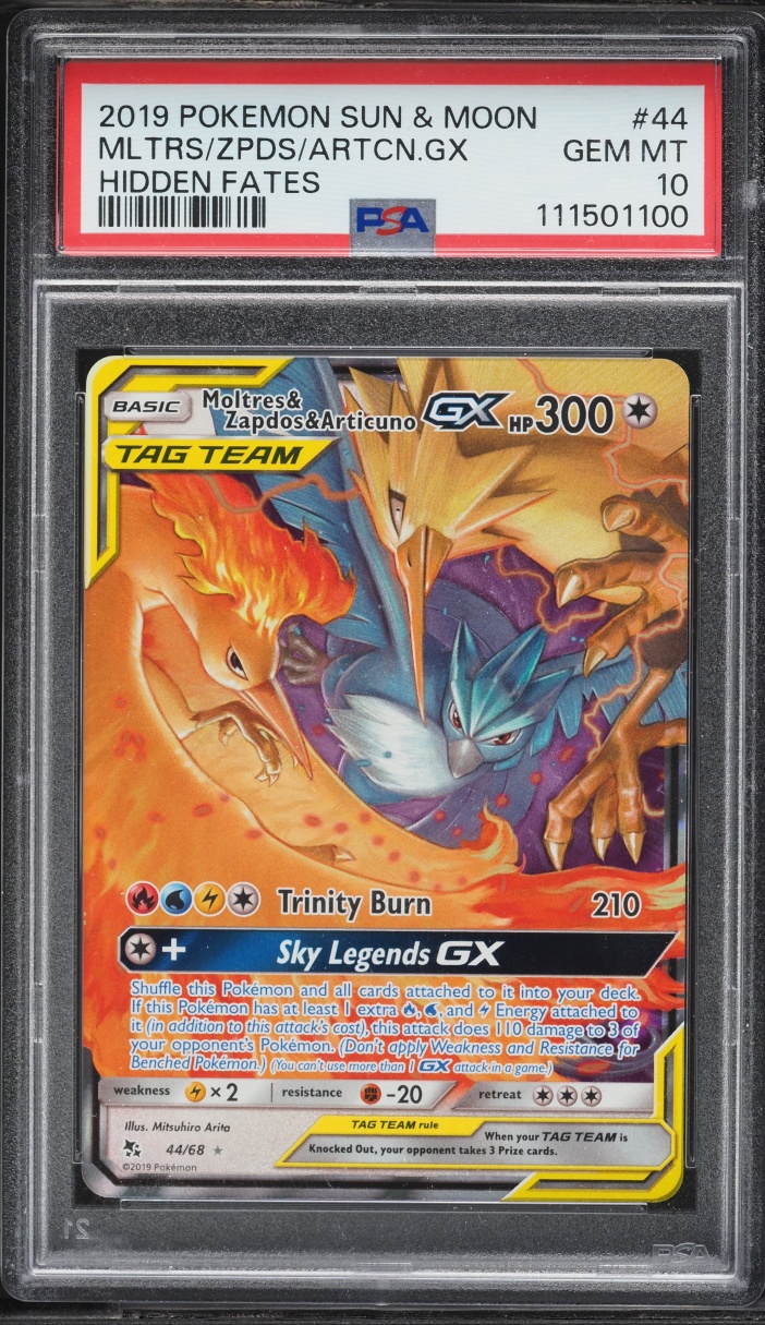 2019 Pokemon Sun & Moon Hidden Fates Holo Moltres & Zapdos & Articuno GX #44 PSA 10 GEM MINT