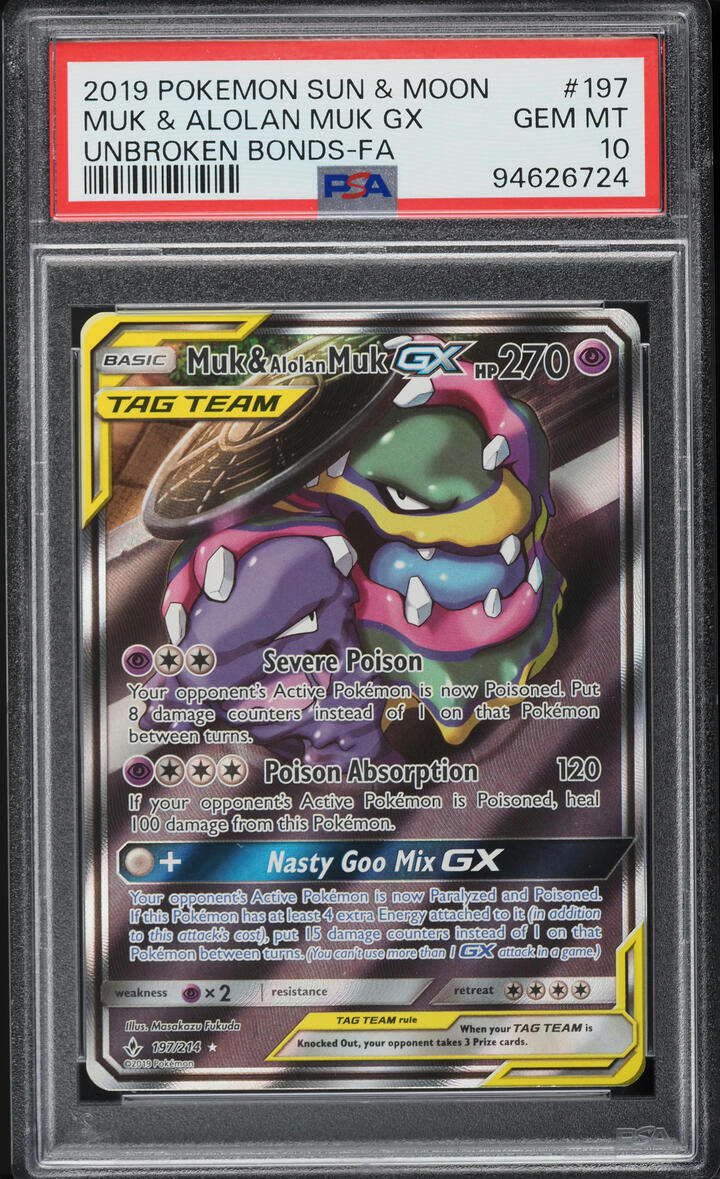 2019 Pokemon SM Unbroken Bonds Full Art Muk & Alolan Muk GX #197 PSA 10 GEM MINT