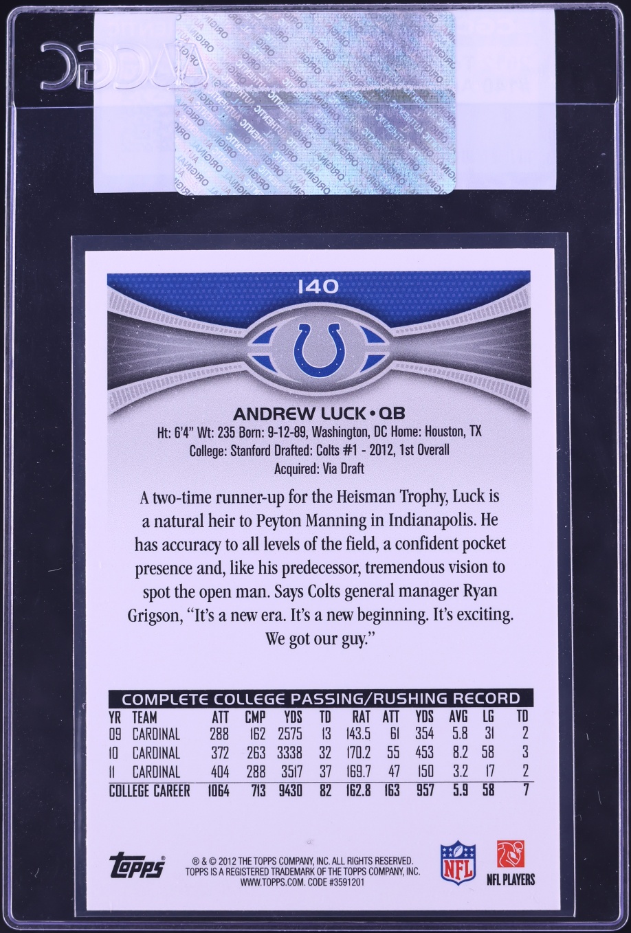 2012 Topps Football Andrew Luck ROOKIE #140 CGC AUTH