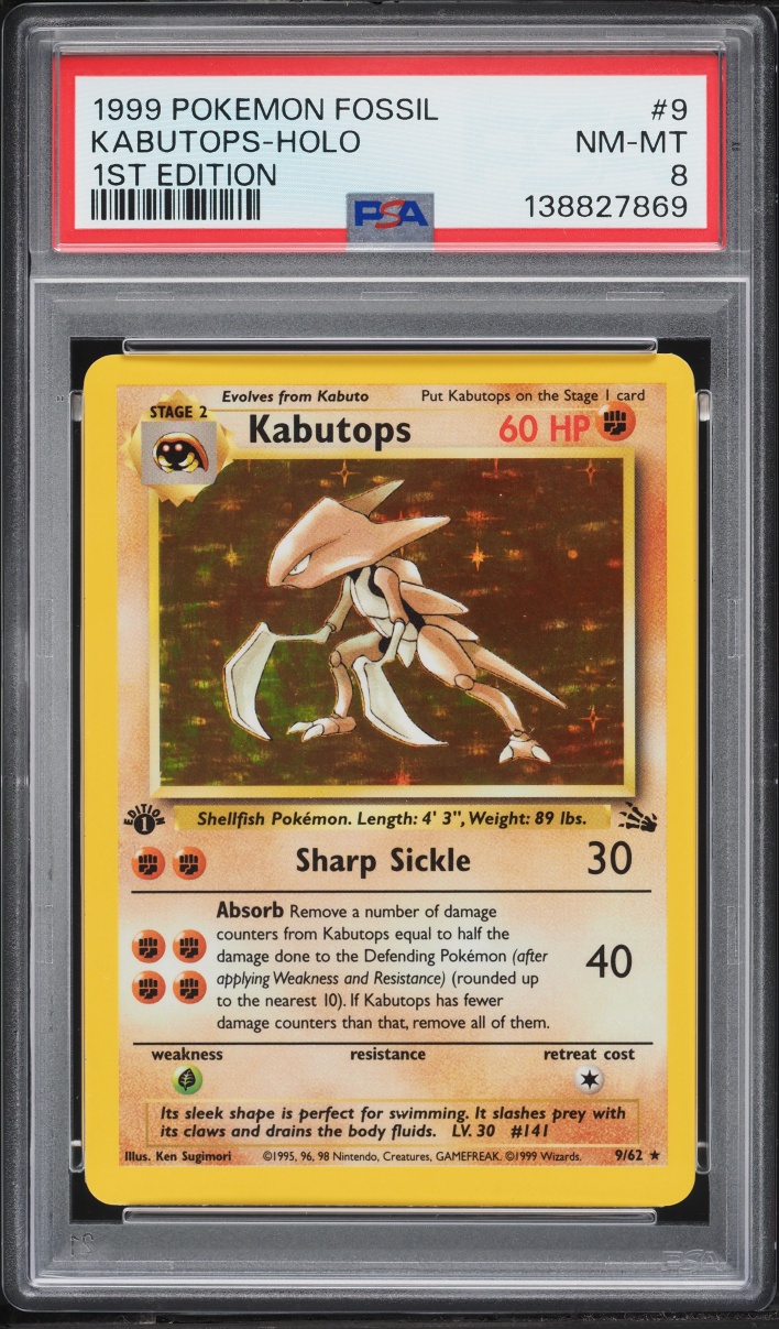 1999 Pokemon Fossil 1st Edition Holo Kabutops #9 PSA 8 NM-MT