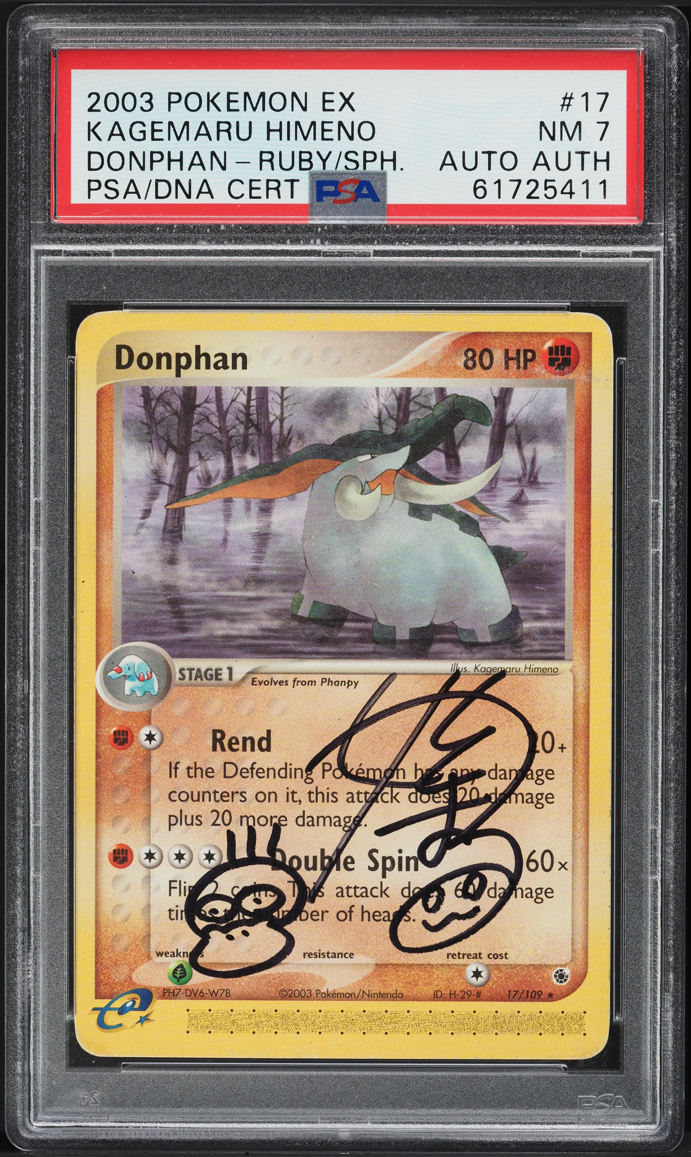 2003 Pokemon EX Ruby & Sapphire Donphan Kagemaru Himeno AUTO #17 PSA 7 NRMT