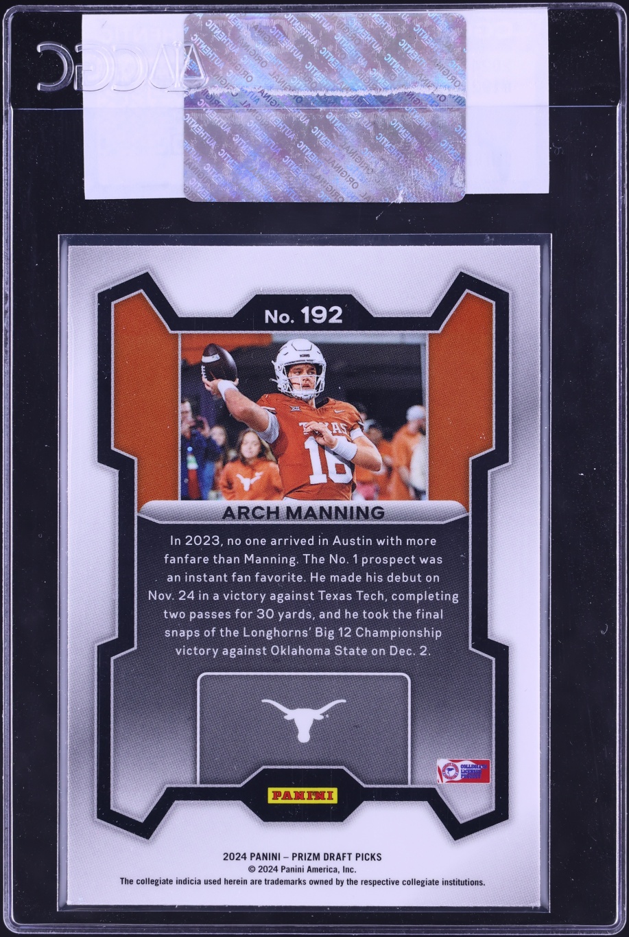 2024 Panini Prizm Draft Picks Arch Manning ROOKIE #192 CGC AUTH