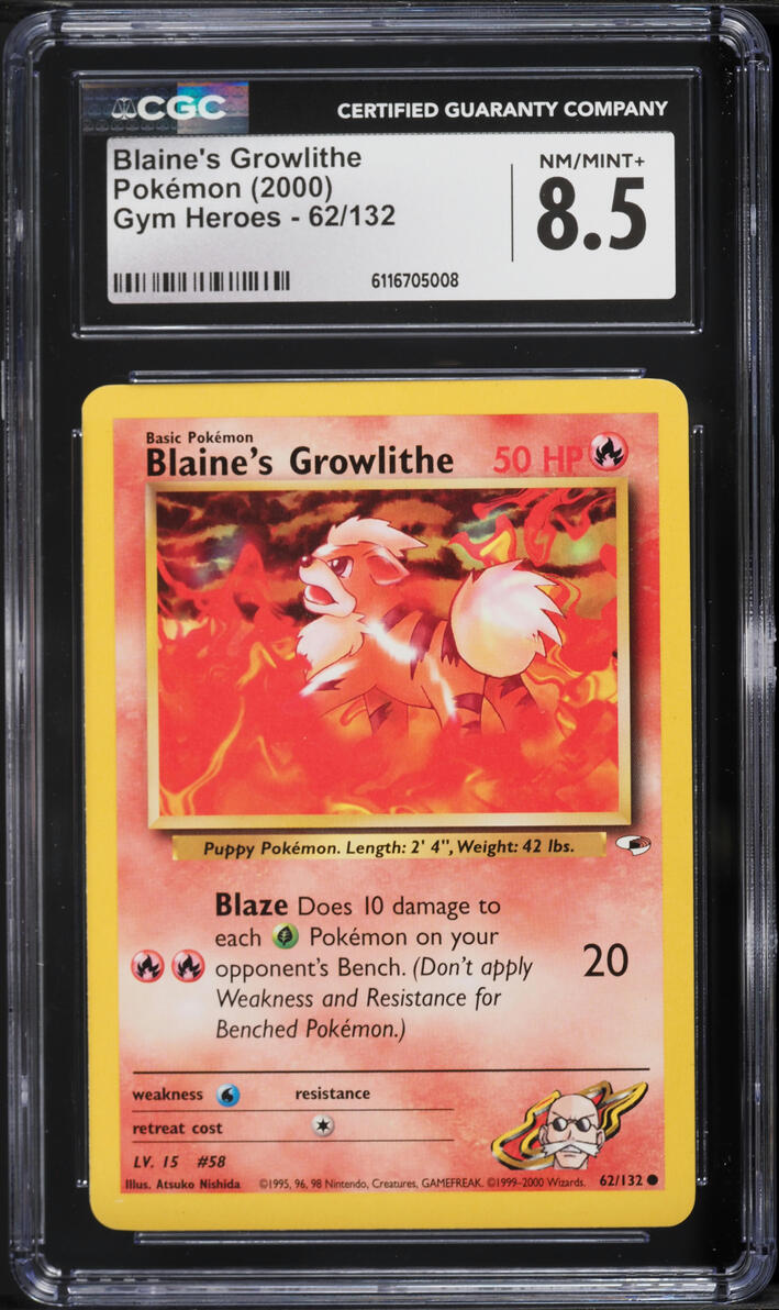 2000 Pokemon Gym Heroes Blaine's Growlithe #62 CGC 8.5 NM-MT+