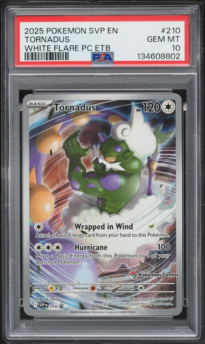 2025 Pokemon Scarlet & Violet Promo White Flare Center ETB Full Art Tornadus #210 PSA 10 GEM
