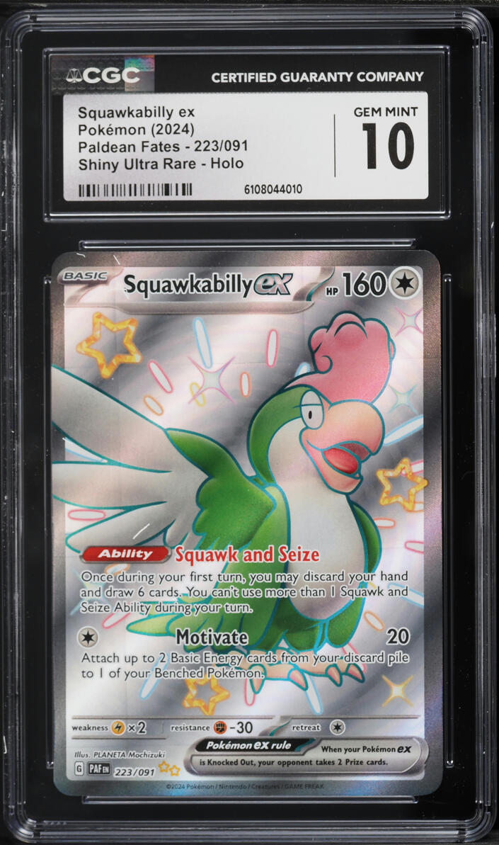 2024 Pokemon Scarlet & Violet Paldean Fates Full Art Shiny Squawkabilly EX #223 CGC 10 GEM MINT