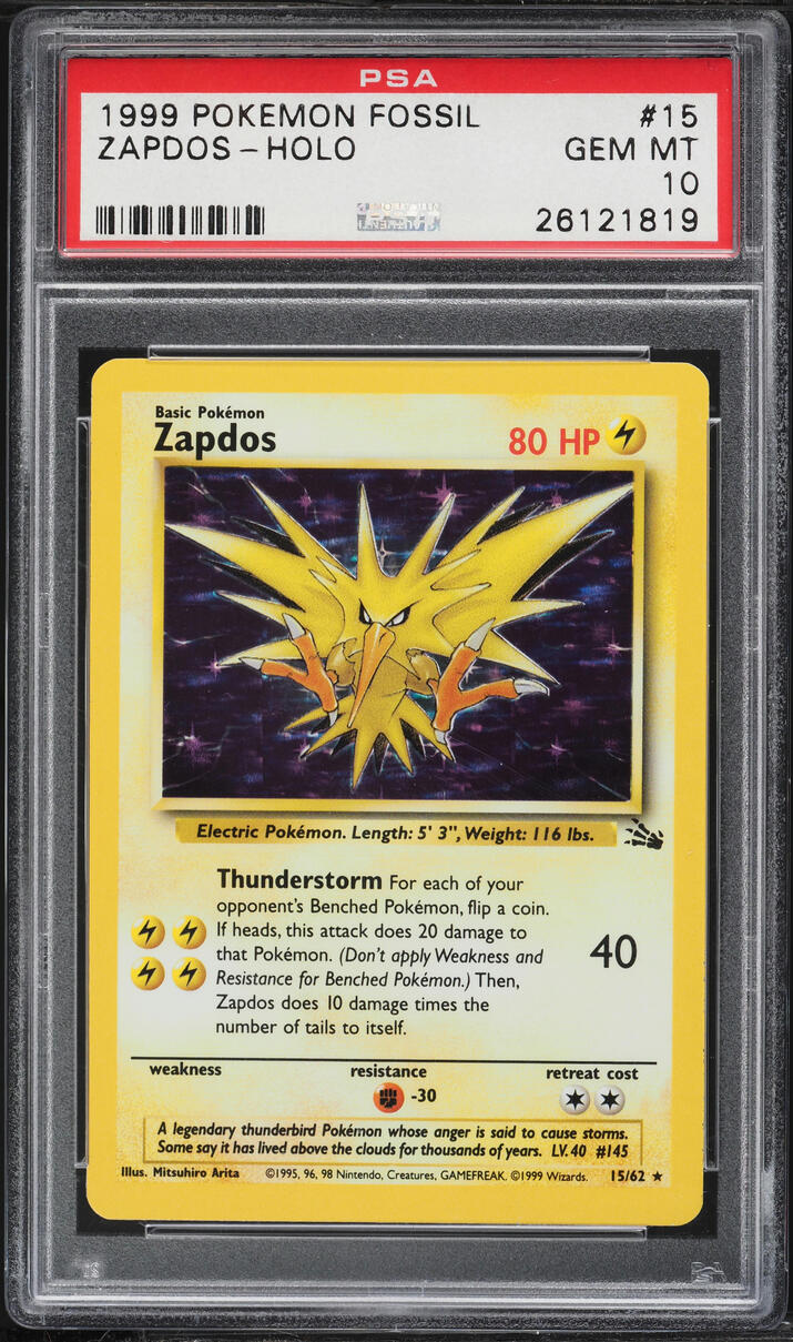 1999 Pokemon Fossil Holo Zapdos #15 PSA 10 GEM MINT