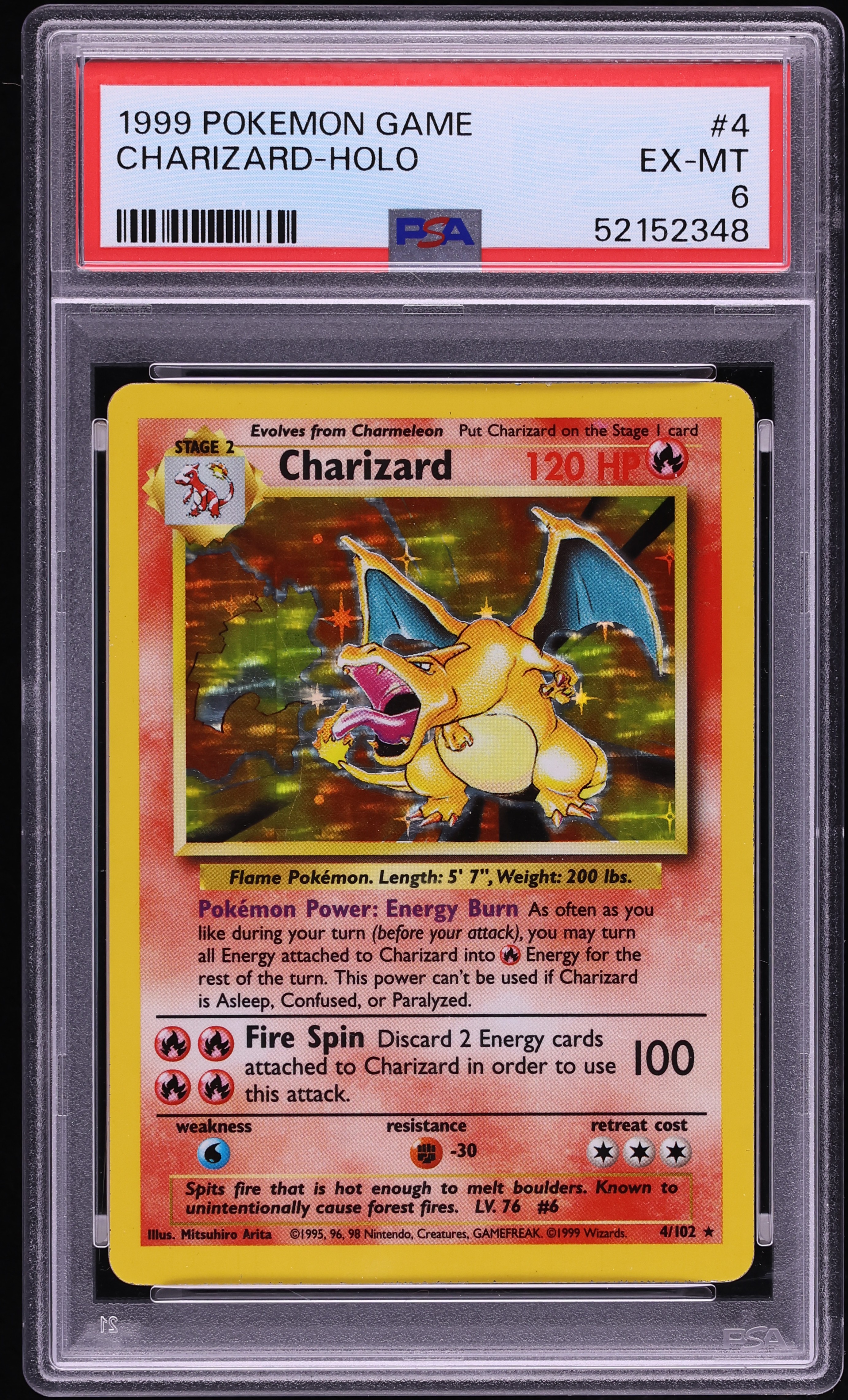1999 Pokemon Base Set Holo Charizard #4 PSA 6 EXMT