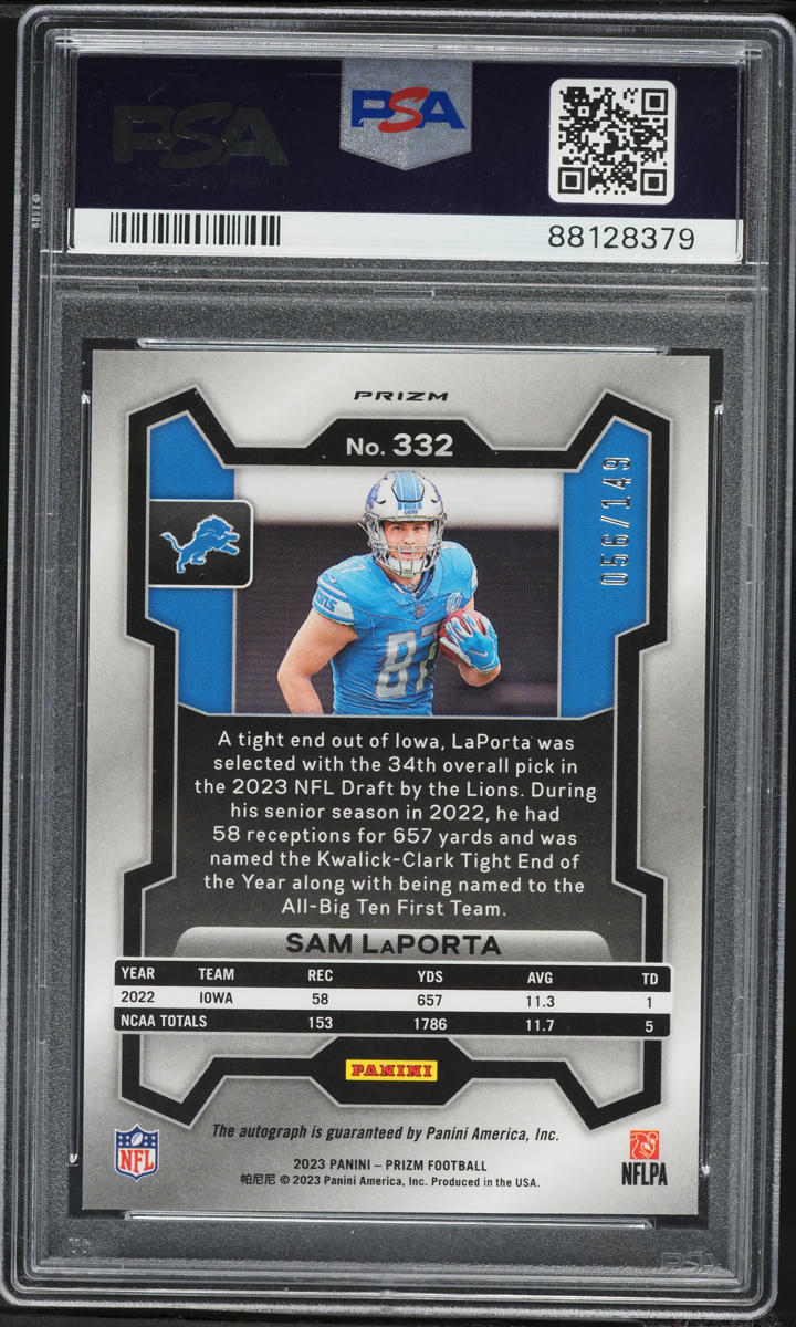 2023 Panini Prizm Red Wave Sam LaPorta ROOKIE AUTO /149 #332 PSA 10 GEM MINT
