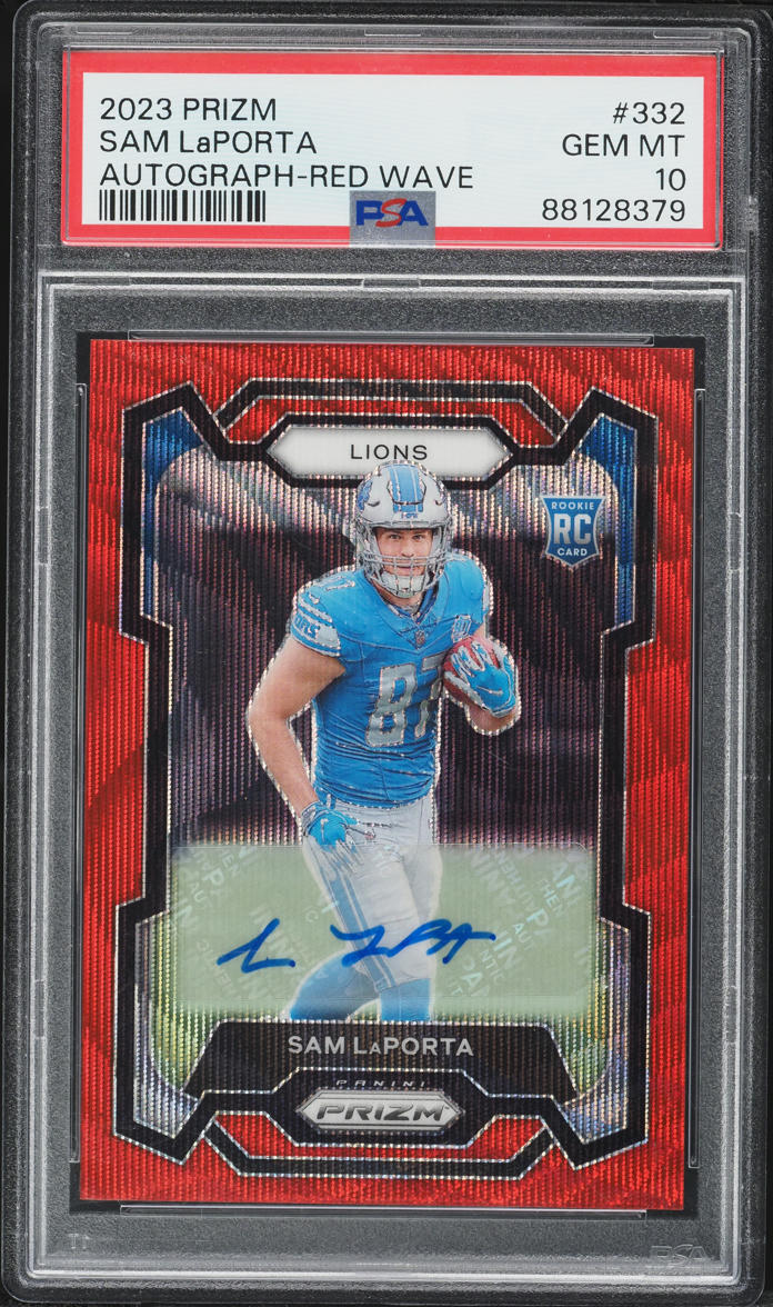2023 Panini Prizm Red Wave Sam LaPorta ROOKIE AUTO /149 #332 PSA 10 GEM MINT