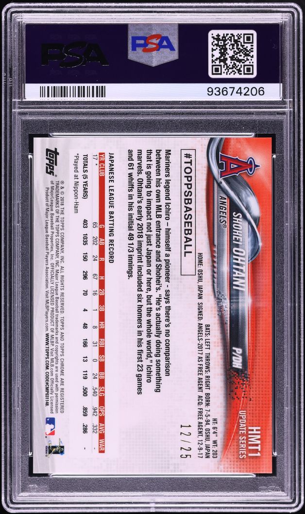 2018 Topps Chrome Update Red Refractor Shohei Ohtani ROOKIE /25 #HMT1 PSA 10 GEM MINT