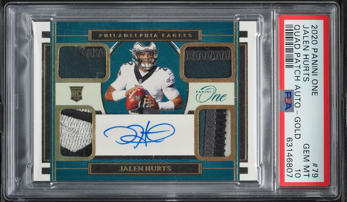 2020 Panini One Quad Gold Jalen Hurts ROOKIE PATCH AUTO /8 #79 PSA 10 GEM MINT