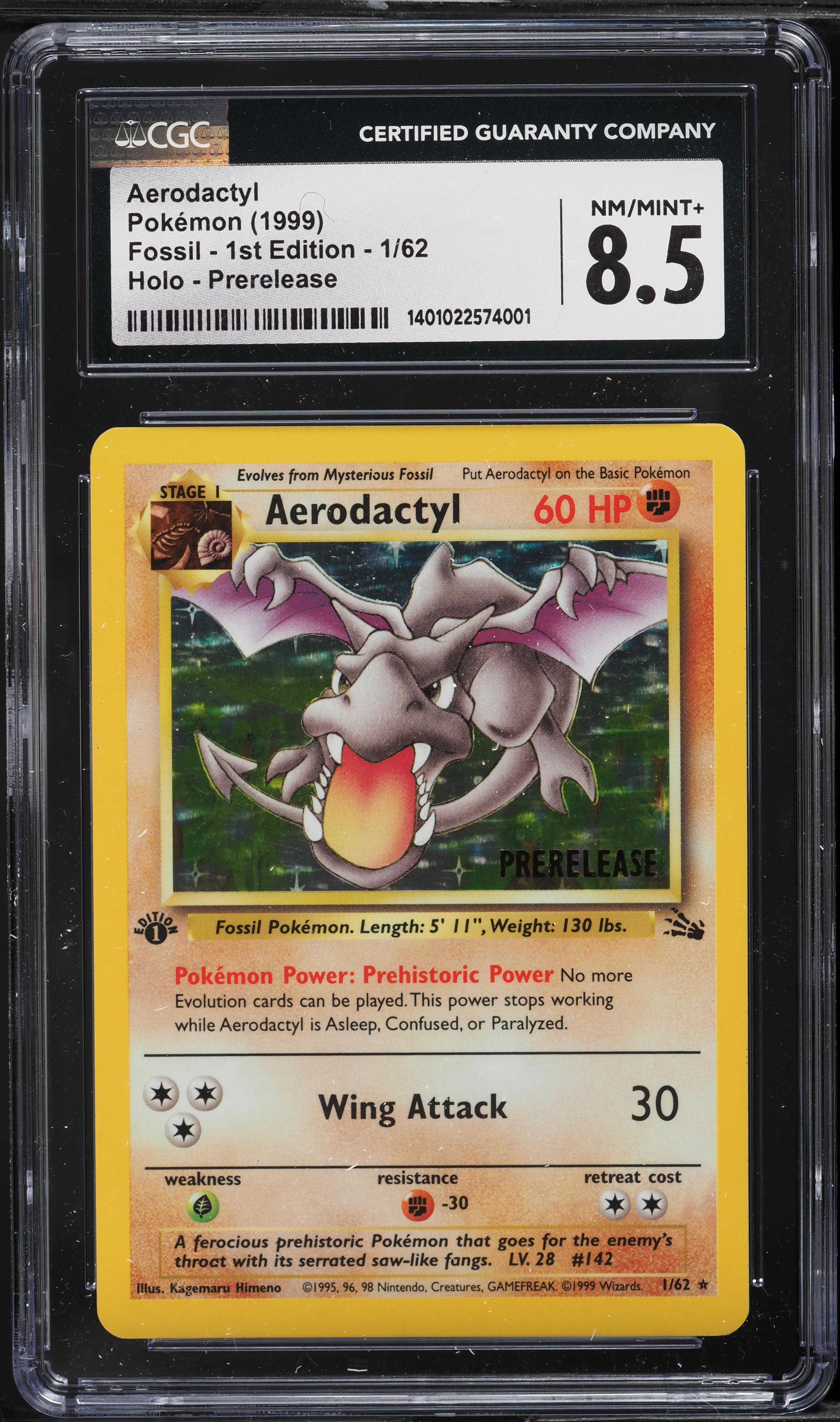 1999 Pokemon Fossil 1st Edition Prerelease Holo Aerodactyl #1 CGC 8.5 NM-MT+