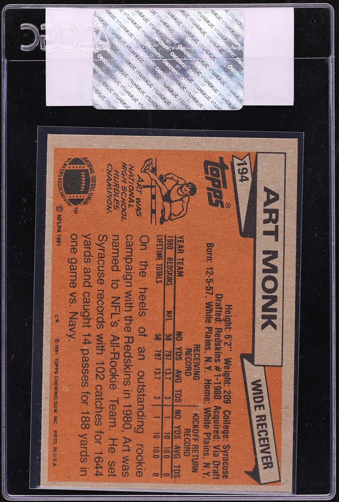 1981 Topps Football Art Monk ROOKIE #194 CGC AUTH