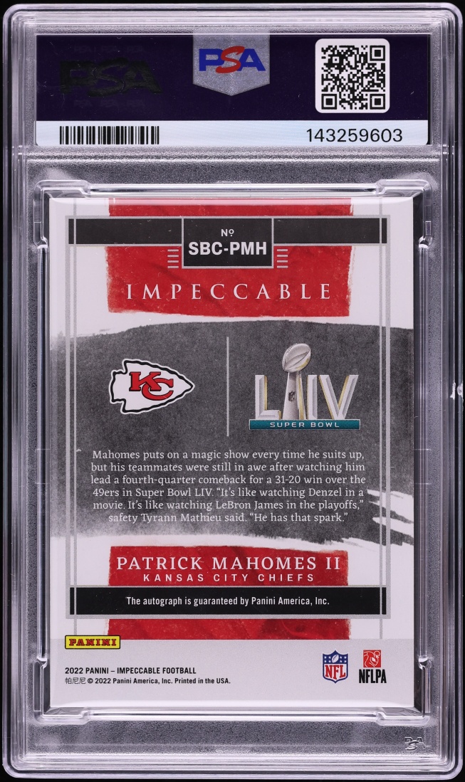 2025 Panini Impeccable Update SB Champion Patrick Mahomes II AUTO DNA 10 /10 PSA 8 NM-MT