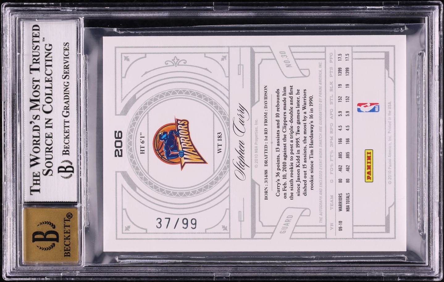 2009 National Treasures Stephen Curry ROOKIE PATCH AUTO /99 #206 BGS 9 MINT
