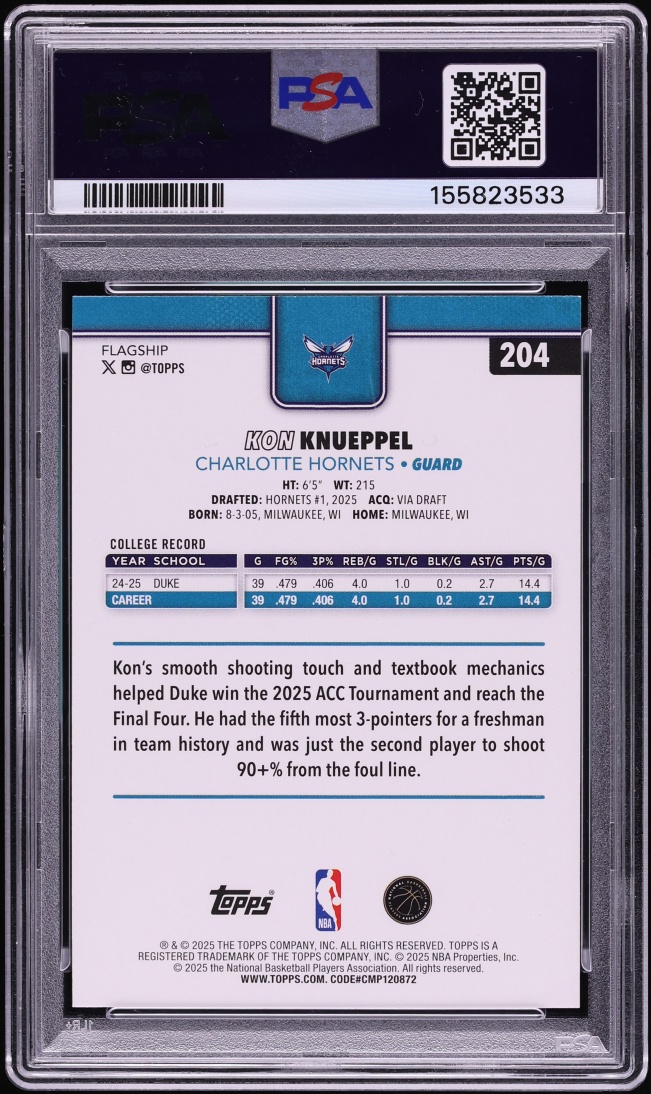 2025 Topps Basketball Kon Knueppel ROOKIE #204 PSA 9 MINT