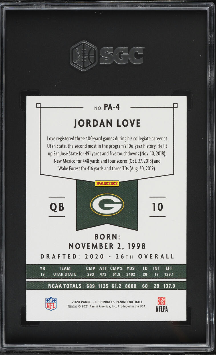 2020 Panini Chronicles Jordan Love ROOKIE #PA-4 SGC 10 GEM MINT