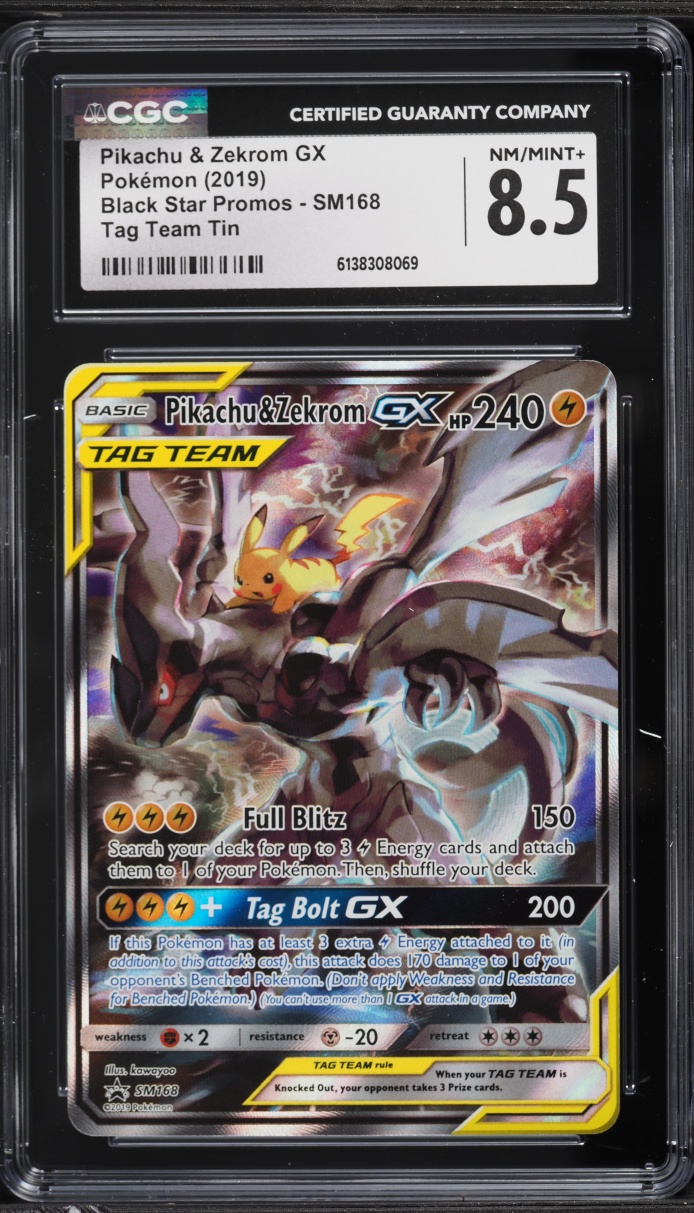2019 Pokemon Sun & Moon Promo Tag Team Tin Alt Art Pikachu & Zekrom GX #SM168 CGC 8.5 NM-MT+