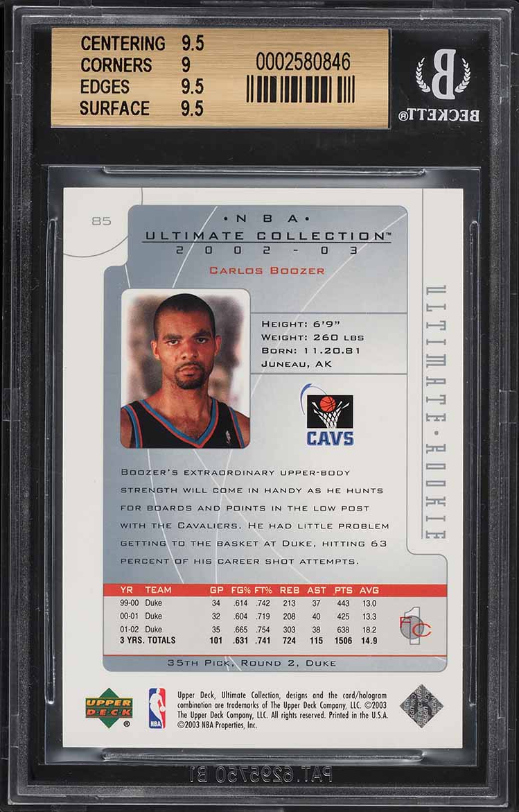 2002 Ultimate Collection Carlos Boozer ROOKIE /250 #85 BGS 9.5 GEM MINT