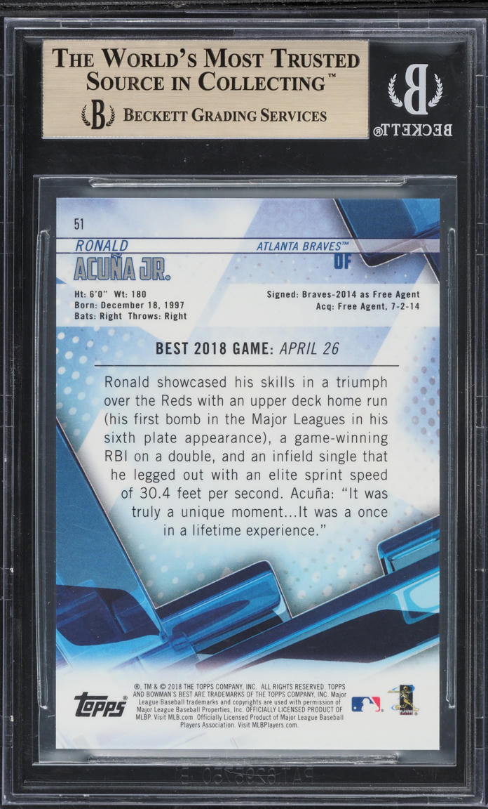 2018 Bowman's Best Purple Refractor Ronald Acuna Jr. ROOKIE /250 #51 BGS 9.5 GEM