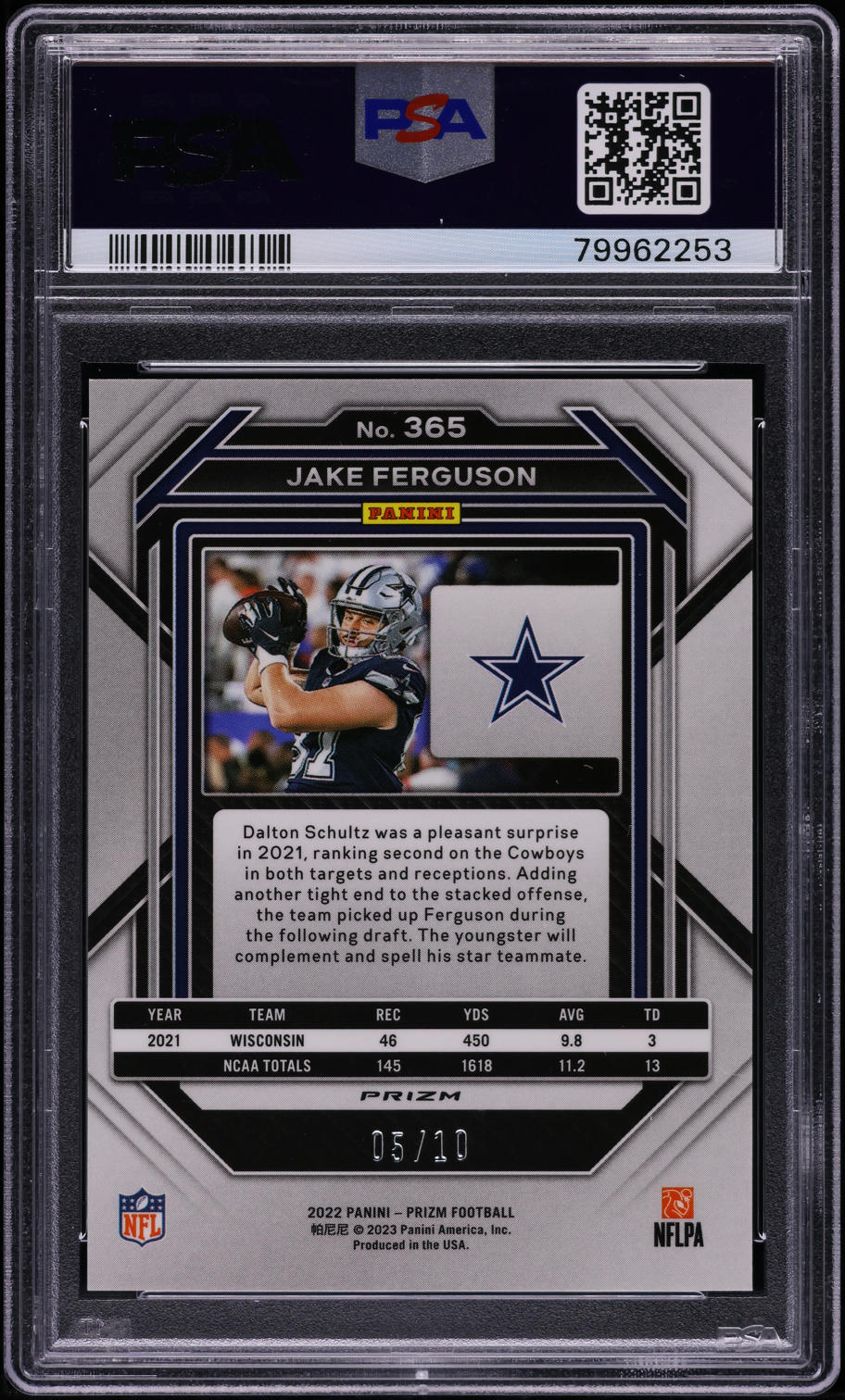 2022 Panini Prizm Gold Jake Ferguson ROOKIE /10 #365 PSA 10 GEM MINT