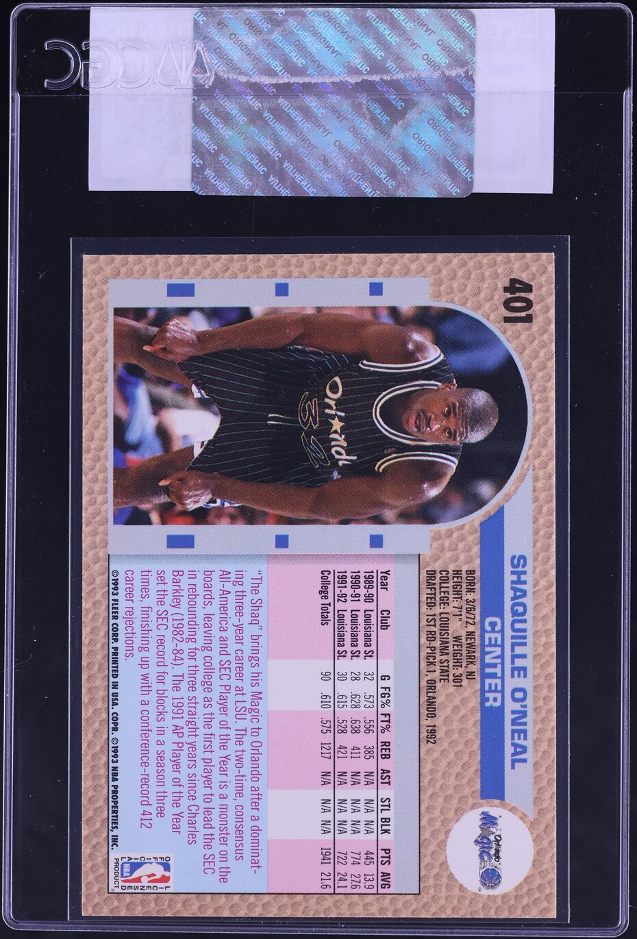 1992 Fleer Basketball Shaquille O'Neal ROOKIE #401 CGC AUTH