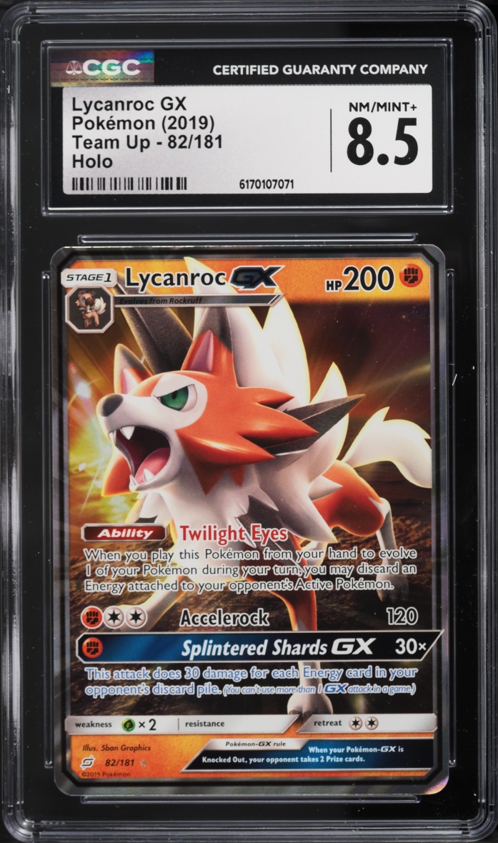 2019 Pokemon Sun & Moon Team Up Holo Lycanroc GX #82 CGC 8.5 NM-MT+