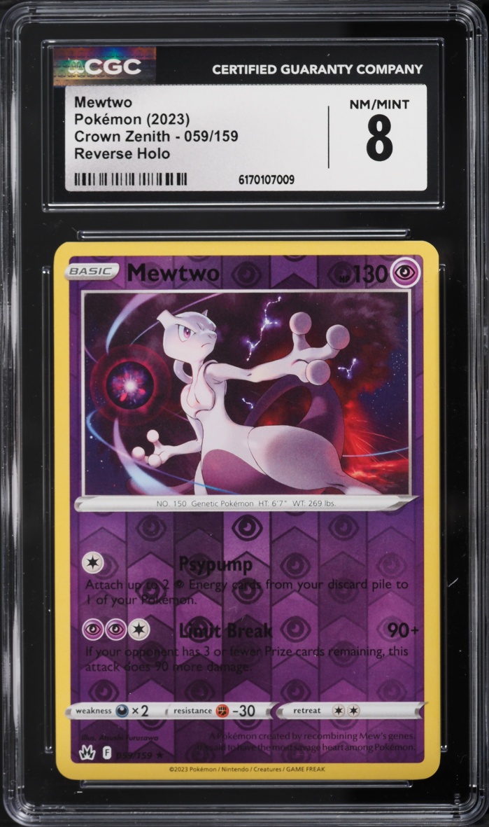 2023 Pokemon Sword & Shield Crown Zenith Reverse Holo Mewtwo #59 CGC 8 NM-MT