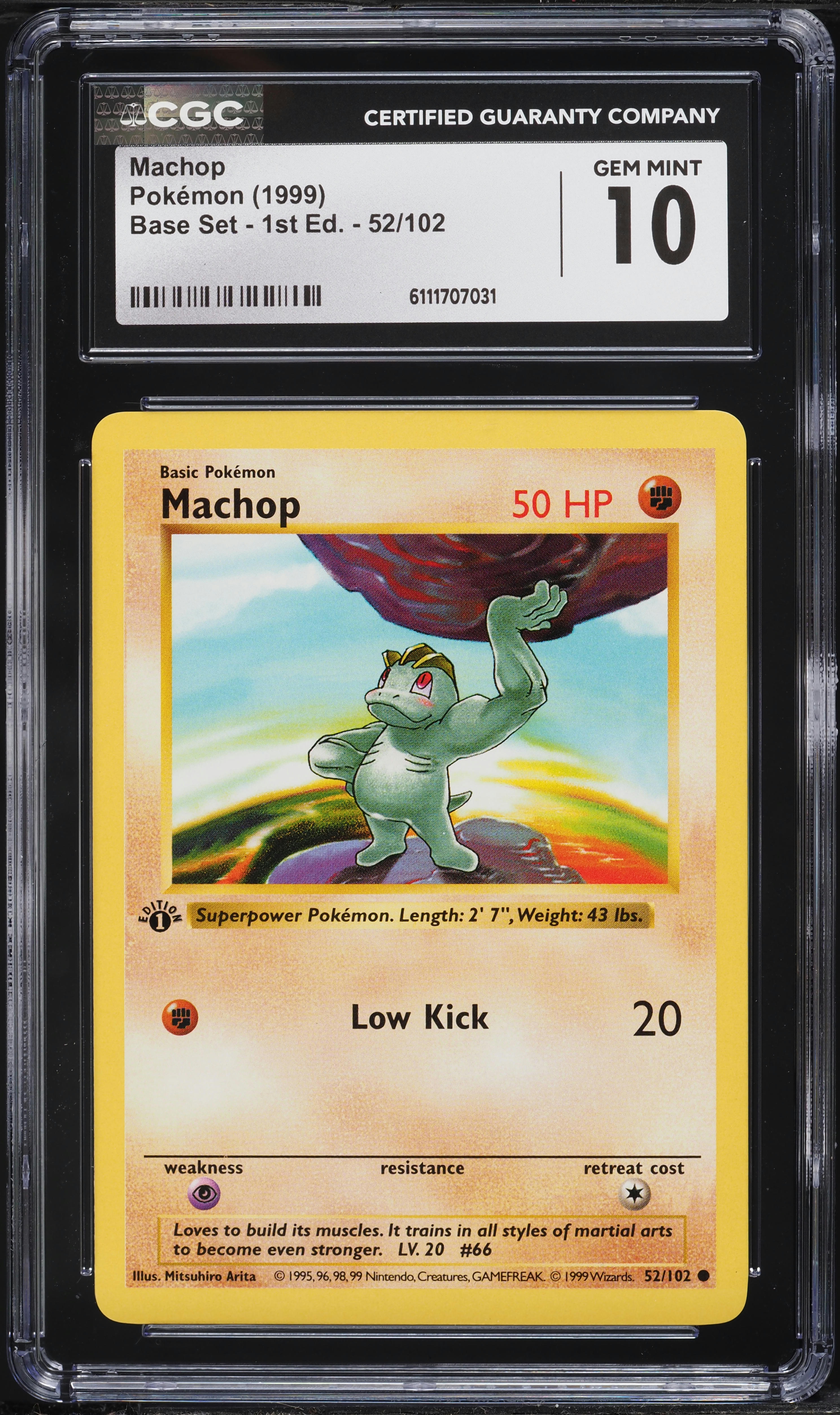 1999 Pokemon Base Set Shadowless 1st Edition Machop #52 CGC 10 GEM MINT