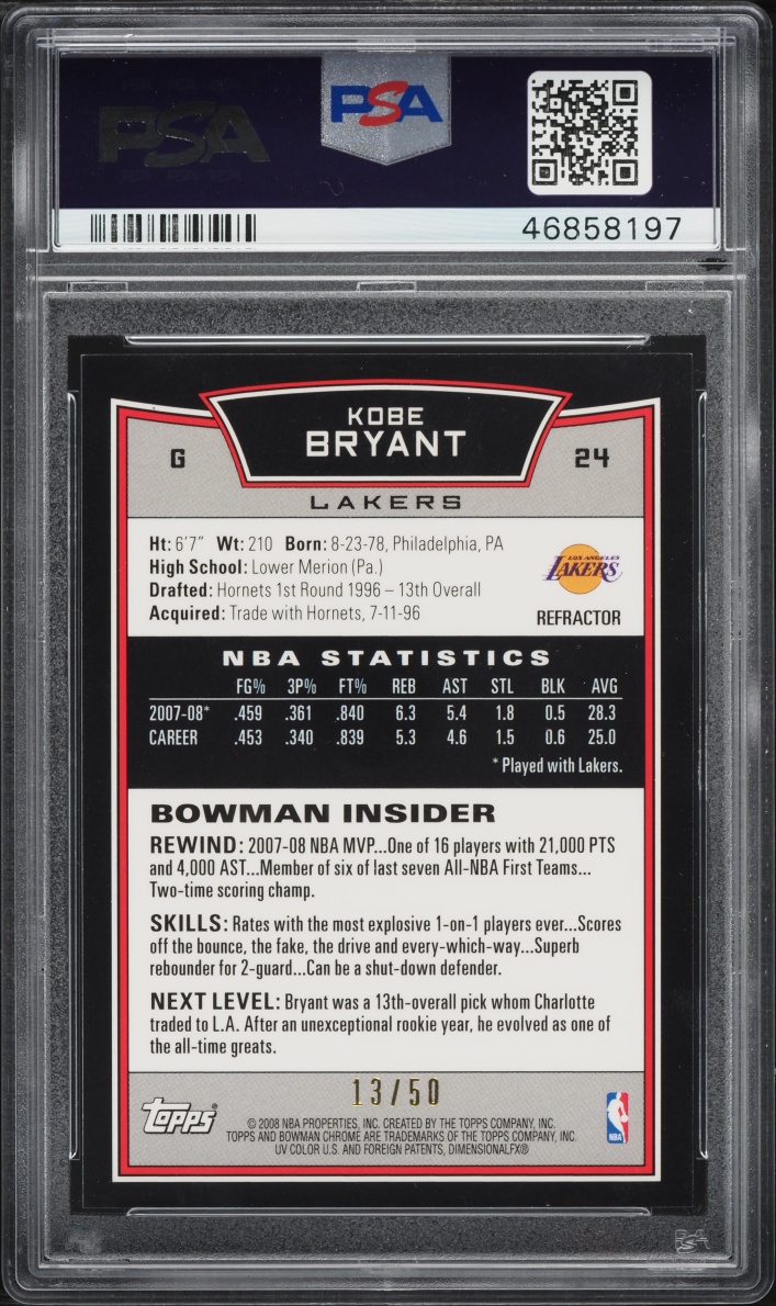 2008 Bowman Chrome Gold Refractor Kobe Bryant /50 #24 PSA 10 GEM MINT