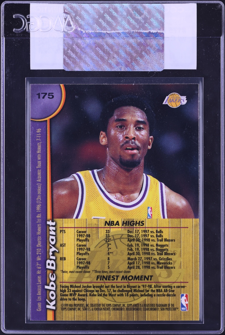 1998 Finest Basketball w/ Coating Kobe Bryant #175 CGC AUTH