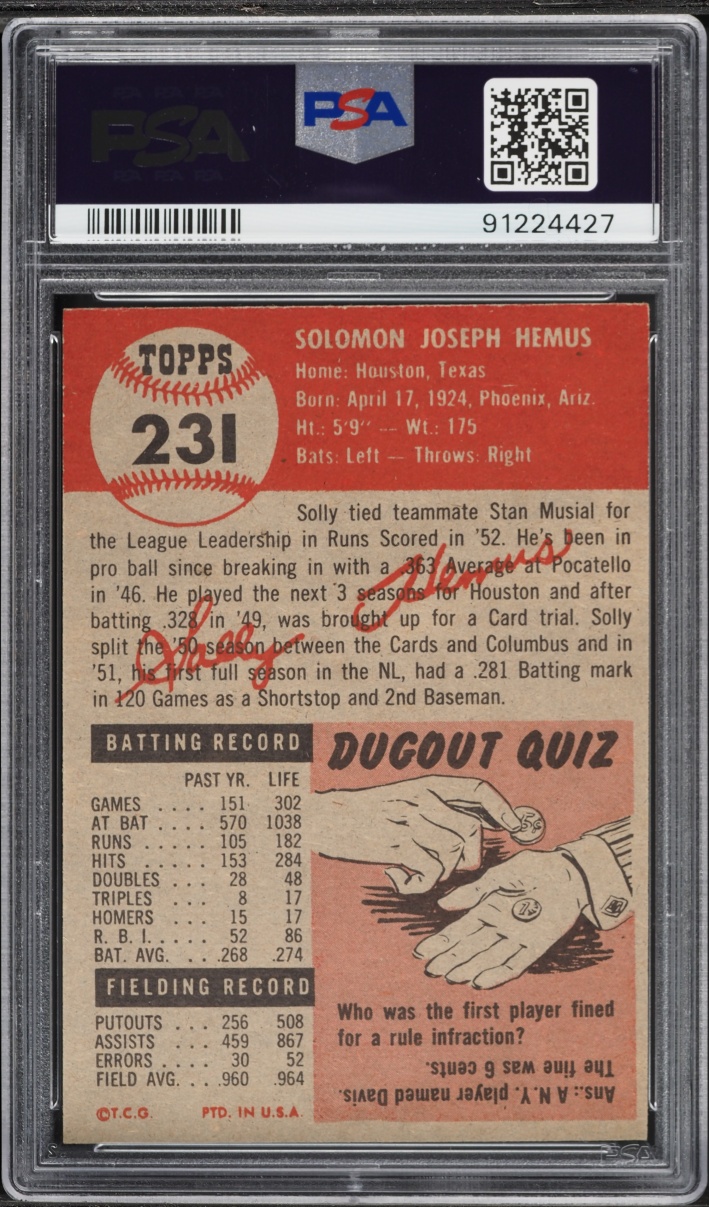 1953 Topps Solly Hemus #231 PSA 6 EXMT