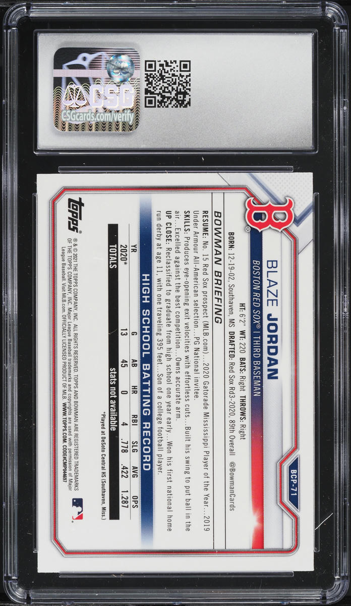 2021 Bowman Chrome Mega Box Blaze Jordan PROSPECT #BCP-71 CSG 10 GEM MINT