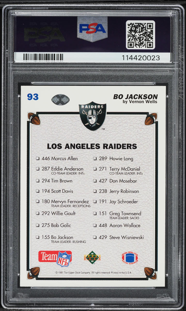1991 Upper Deck Raiders Checklist Bo Jackson #93 PSA 8 NM-MT
