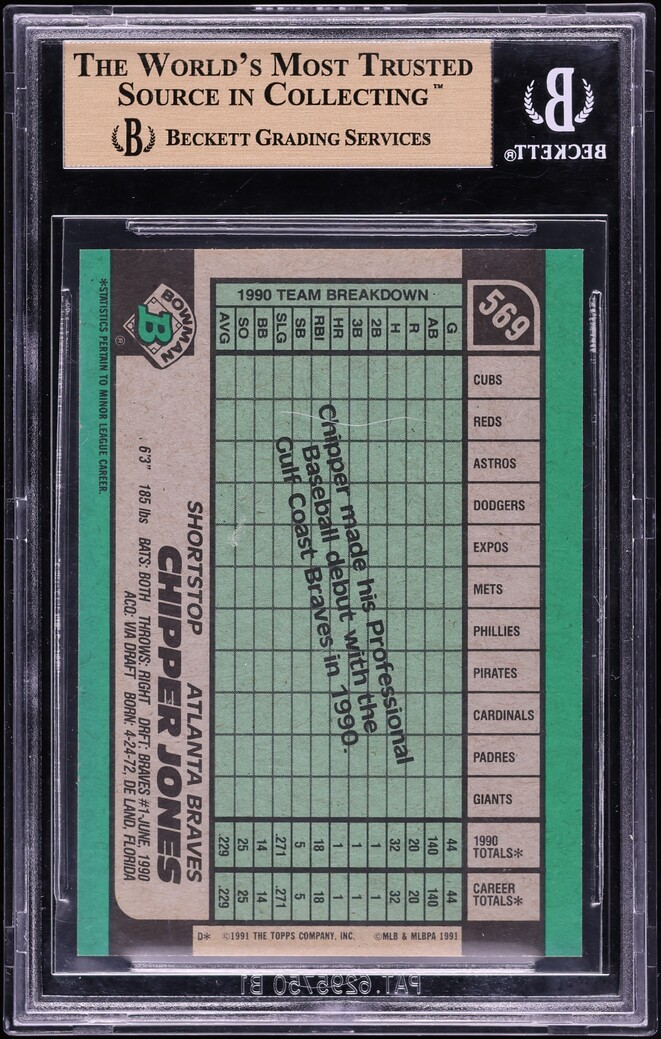 1991 Bowman Chipper Jones ROOKIE #569 BGS 9.5 GEM MINT