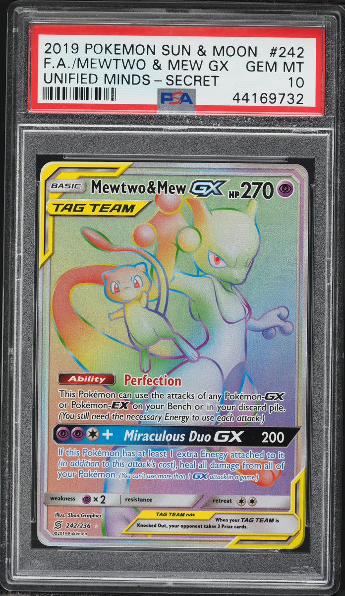 2019 Pokemon Sun & Moon Unified Minds Rainbow Rare Mewtwo & Mew GX #242 PSA 10 GEM MINT