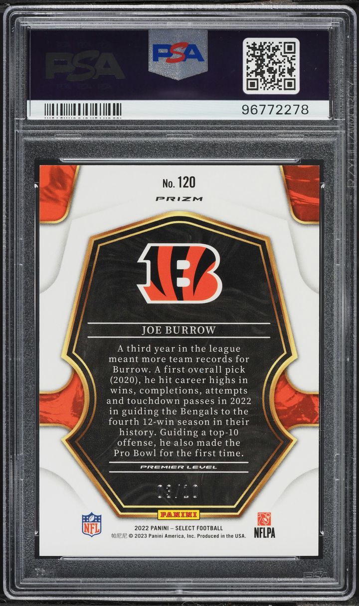 2022 Select Premier Level Gold Disco Prizm Joe Burrow /10 #120 PSA 10 GEM MINT