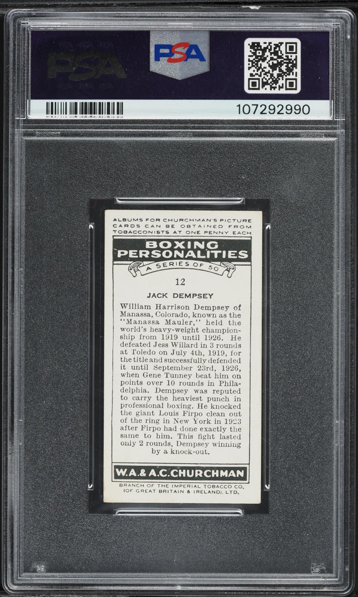 1938 WA & AC Churchman Boxing Personalities Jack Dempsey #12 PSA 4 VGEX