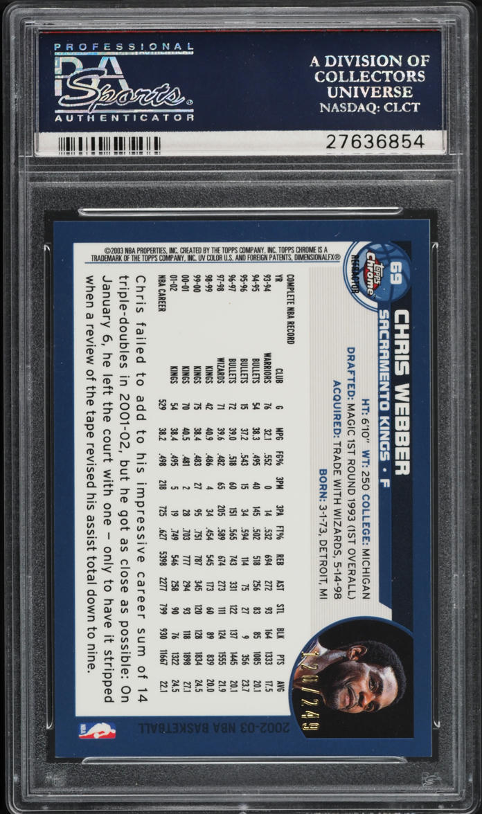 2002 Topps Chrome White Refractor Chris Webber /249 #69 PSA 10 GEM MINT