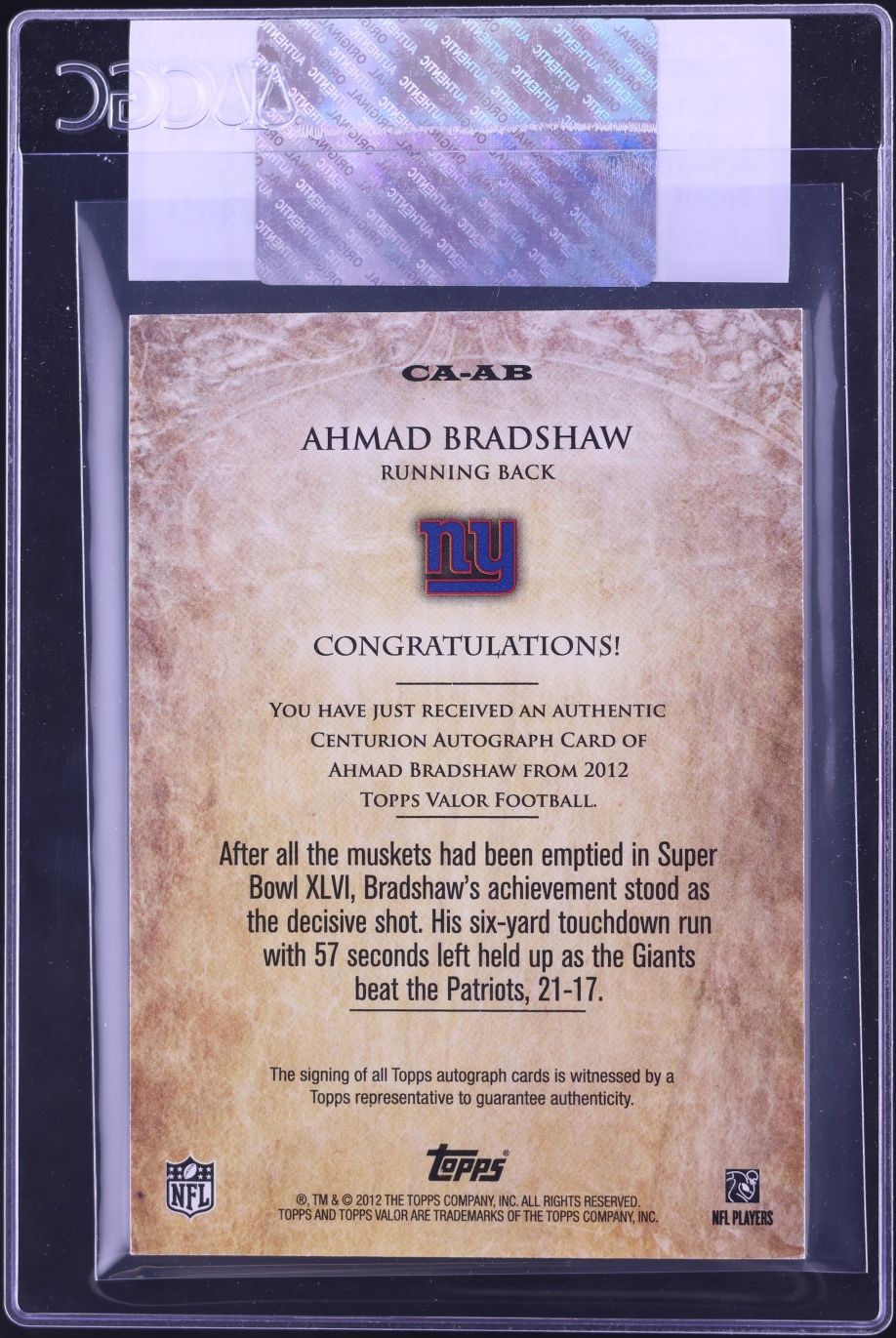 2012 Topps Valor Centurion Speed Ahmad Bradshaw AUTO /70 #CA-AB CGC AUTH