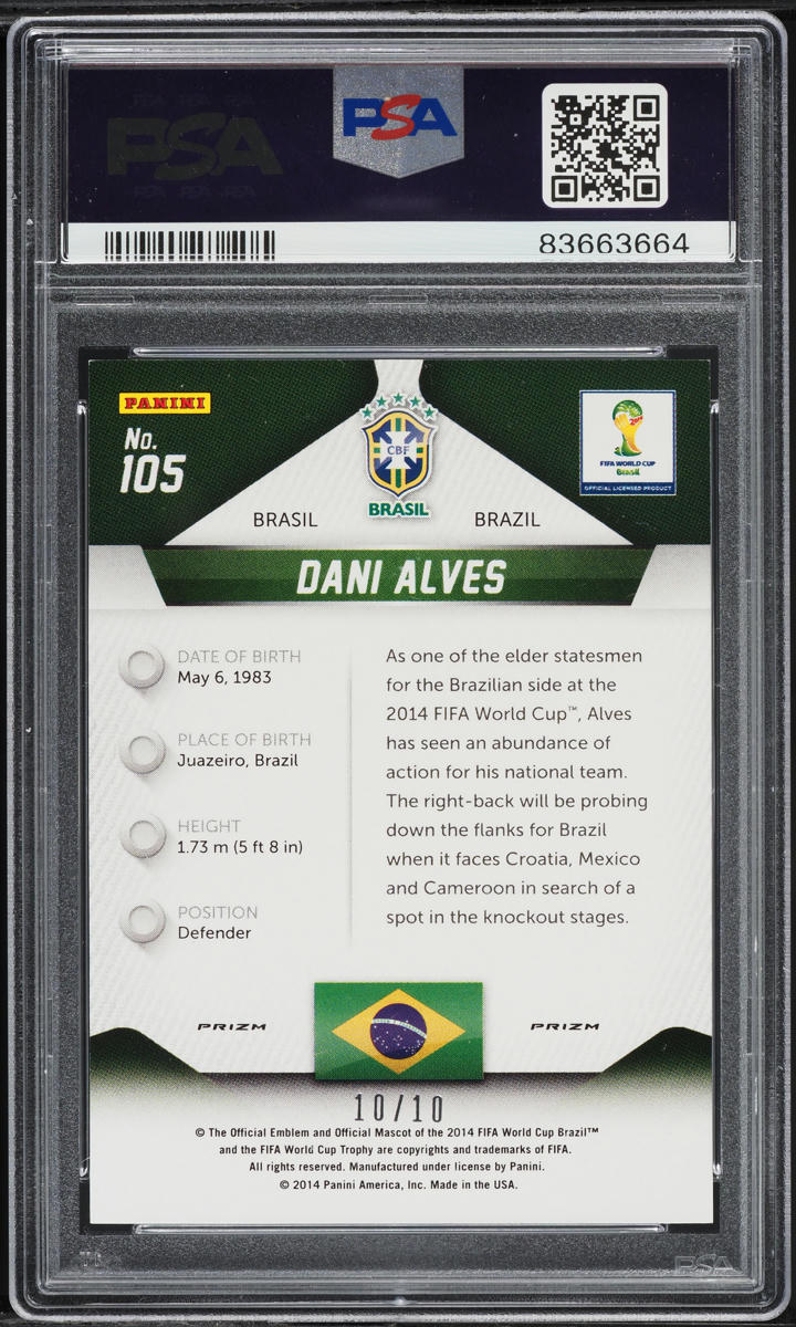 2014 Panini Prizm World Cup Gold Dani Alves 10/10 #105 PSA 9 MINT
