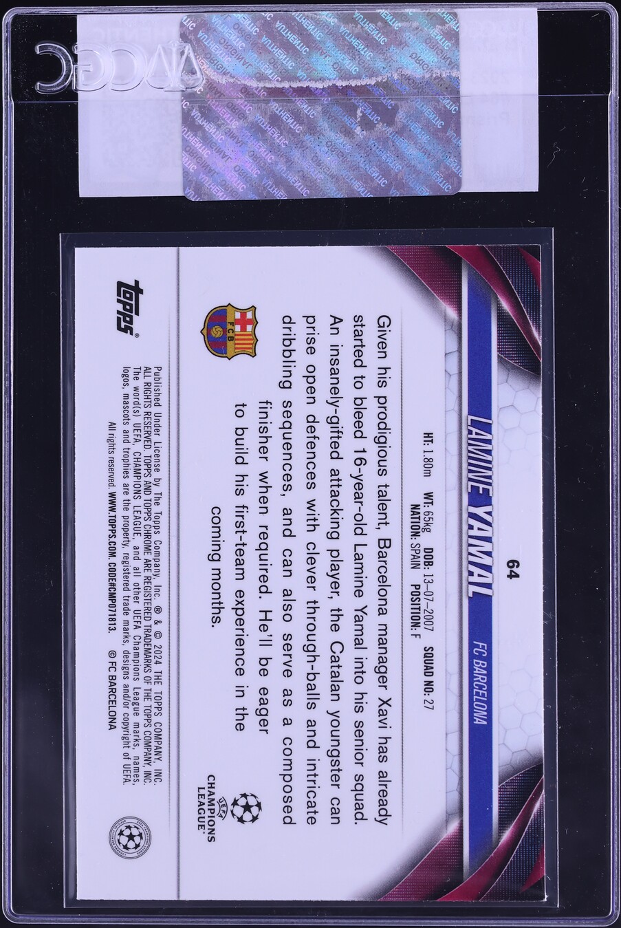 2023 Topps Chrome UEFA CC Prism Refractor Lamine Yamal ROOKIE #64 CGC AUTH