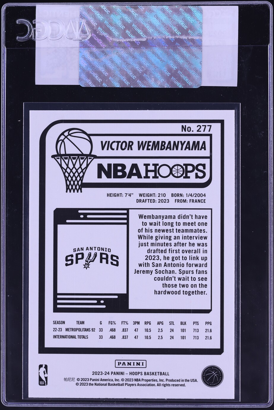 2023 Hoops Victor Wembanyama ROOKIE #277 CGC AUTH